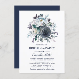 Watercolor Dusty Blue Navy Floral Bridal Tea Party Invitation