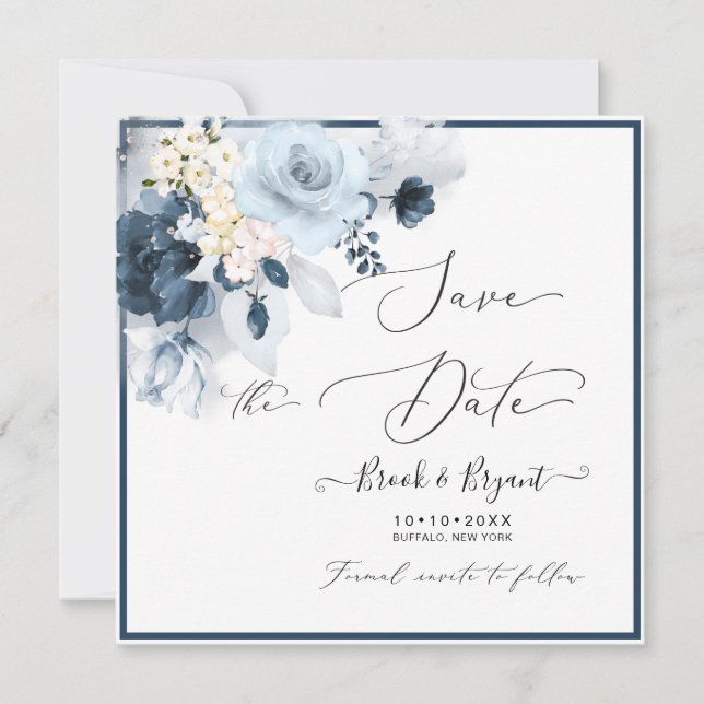 Watercolor Dusty Blue Navy Flowers Invitation (Front)