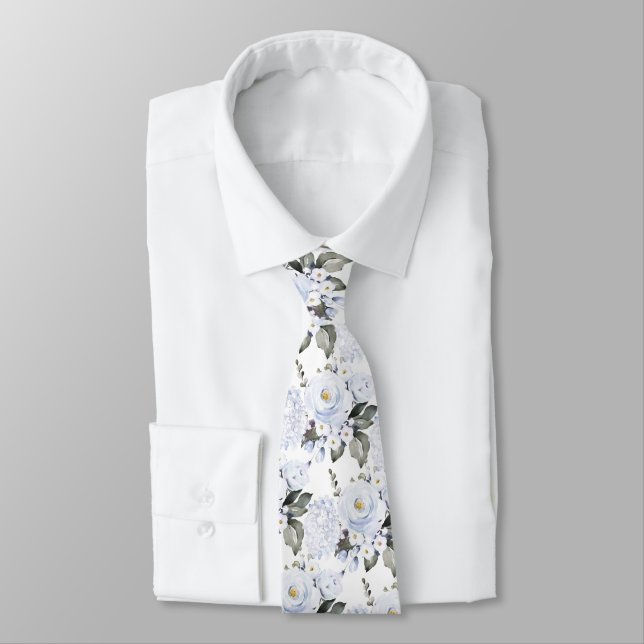 Watercolor Dusty Blue Peonies Roses Hydrangeas Tie (Tied)
