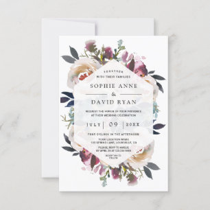 Watercolor Dusty Blue Pink Floral Bouquet Wedding Invitation
