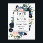 Watercolor Dusty Blue Pink Floral Save The Date Announcement Postcard<br><div class="desc">Modern Elegant Watercolor Dusty Blue and Pink Blush Floral Frame Wedding Save The Date Engagement Announcement Postcard includes pink roses,  blue roses,  blue flowers,  eucalyptus leaves and botanical greenery.</div>
