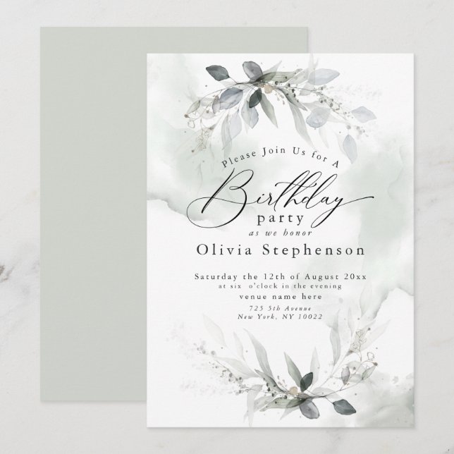 Watercolor Dusty Blue Poppy Birthday Invitation (Front/Back)
