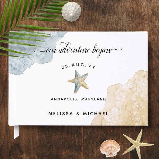 Watercolor Dusty Blue Starfish 🌊 Beach Wedding  Guest Book (Watercolor Dusty Blue Starfish 🌊 Beach Wedding Guest Book
)