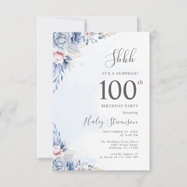 Watercolor Dusty Blue Surprise 100th Birthday Invitation (Front)