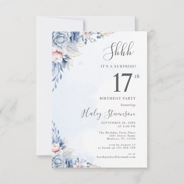 Watercolor Dusty Blue Surprise 17th Birthday Party Invitation (Front)