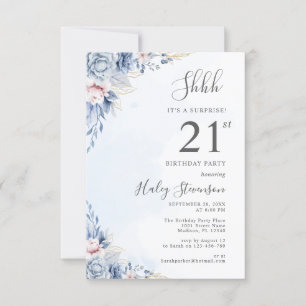 Watercolor Dusty Blue Surprise 21st Birthday Party Invitation