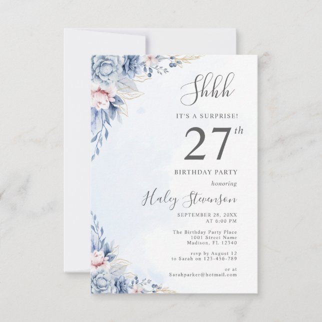 Watercolor Dusty Blue Surprise 27th Birthday Party Invitation (Front)