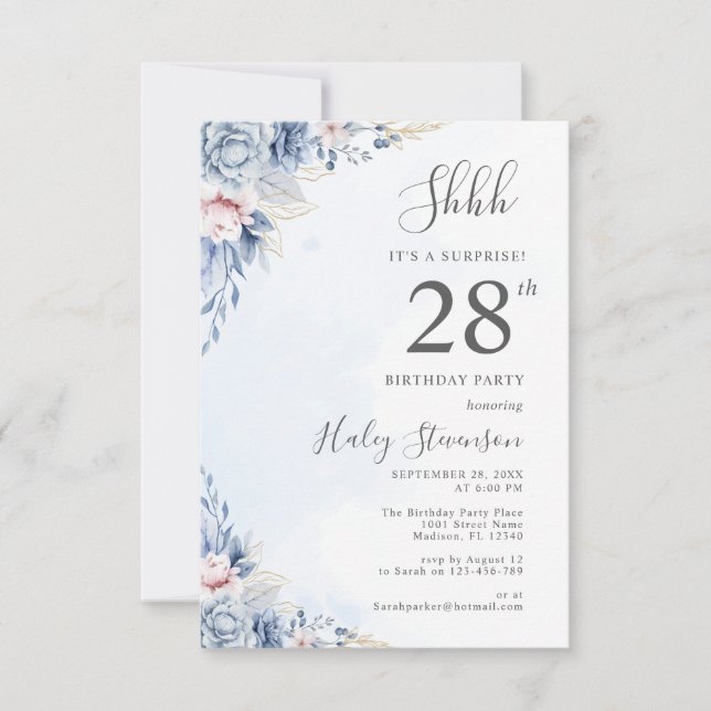 Watercolor Dusty Blue Surprise 28th Birthday Party Invitation (Front)