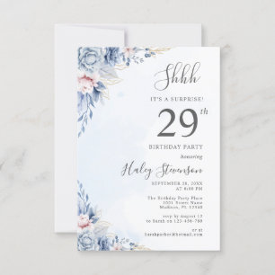 Watercolor Dusty Blue Surprise 29th Birthday Party Invitation