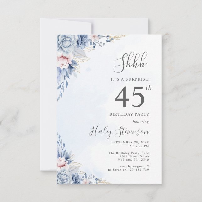 Watercolor Dusty Blue Surprise 45th Birthday Party Invitation (Front)