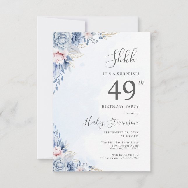 Watercolor Dusty Blue Surprise 49th Birthday Party Invitation (Front)