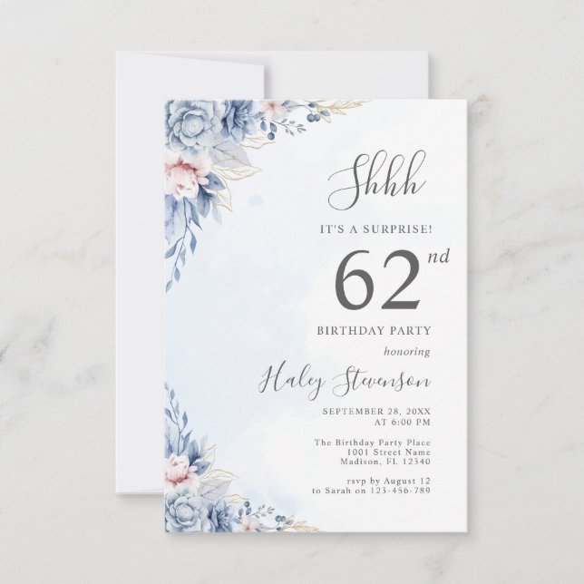 Watercolor Dusty Blue Surprise 62nd Birthday Party Invitation (Front)