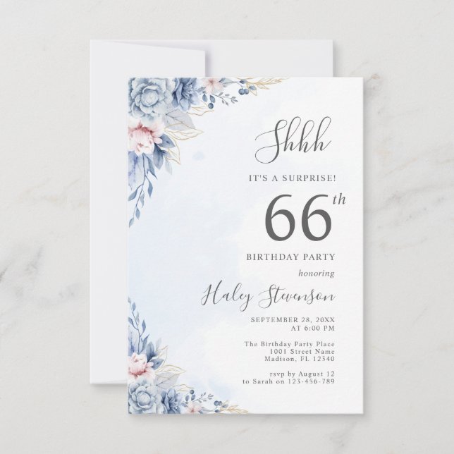 Watercolor Dusty Blue Surprise 66th Birthday Party Invitation (Front)