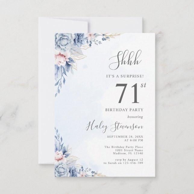 Watercolor Dusty Blue Surprise 71st Birthday Party Invitation (Front)