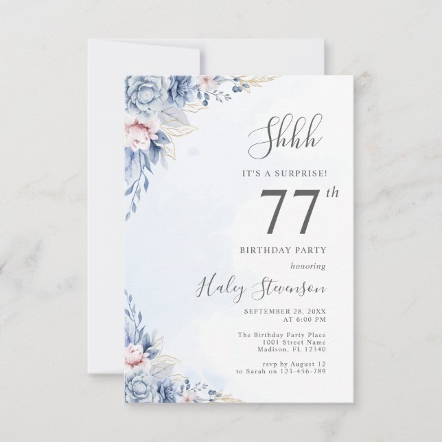 Watercolor Dusty Blue Surprise 77th Birthday Party Invitation (Front)