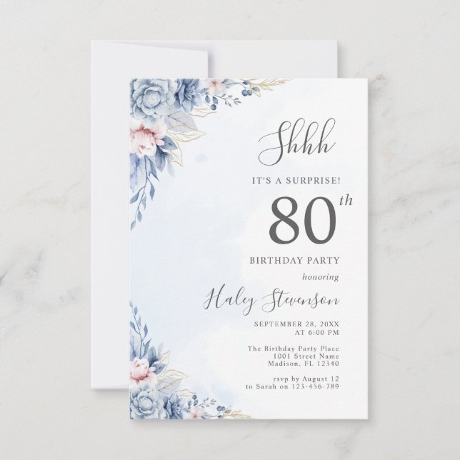 Watercolor Dusty Blue Surprise 80th Birthday Party Invitation (Front)