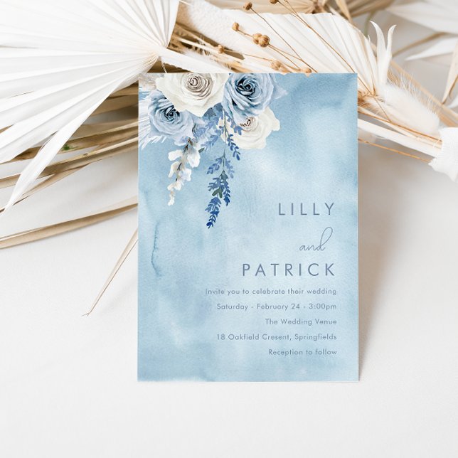 Watercolor Dusty Blue & White Floral Wedding Invitation (Creator Uploaded)