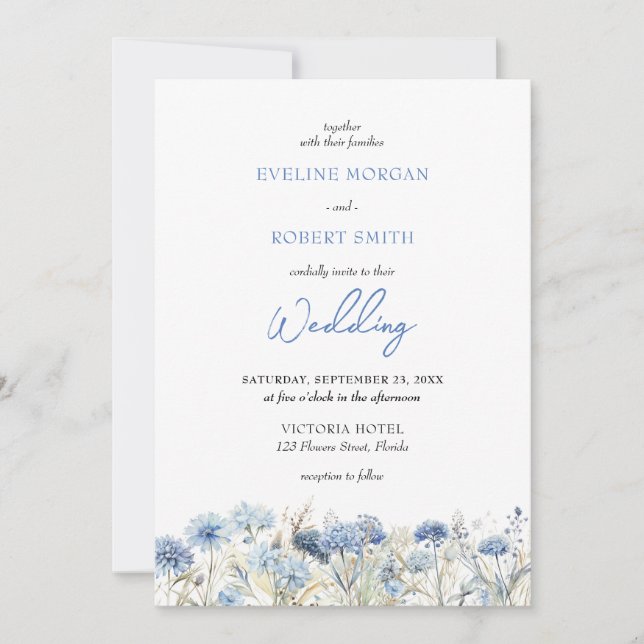Watercolor dusty blue wild flowers wedding invite (Front)