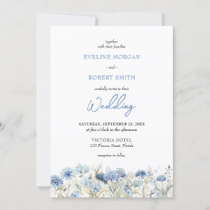 Watercolor dusty blue wild flowers wedding invite