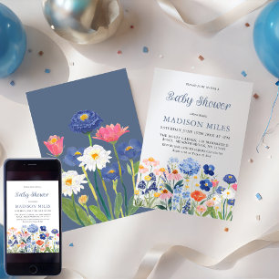 Watercolor Dusty Blue Wildflower Baby in Bloom Invitation