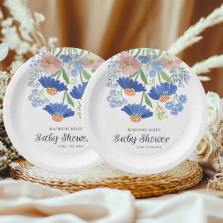 Watercolor Dusty Blue Wildflower Bouquet Baby Show Paper Plate