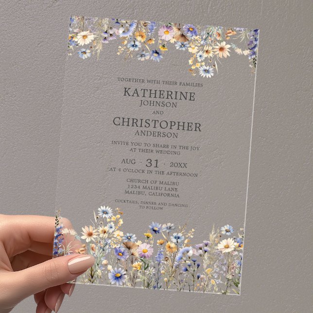 Watercolor Dusty Blue Wildflower Elegant Wedding Acrylic Invitations (Watercolor Dusty Blue Wildflower Acrylic Wedding Invitation with Couple's First and Last Names.)