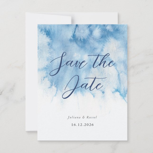 Watercolor Dusty Blue Winter Wedding Save The Date (Front)