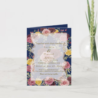 Watercolor Dusty Burgundy Yellow Roses/Blue Invitation