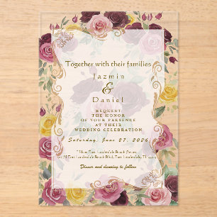 Watercolor Dusty Burgundy Yellow Roses/Clear Acrylic Invitations