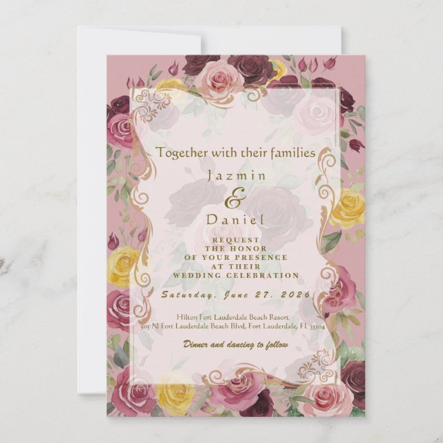 Watercolor Dusty Burgundy Yellow Roses/Pink Flat Invitation (Front)