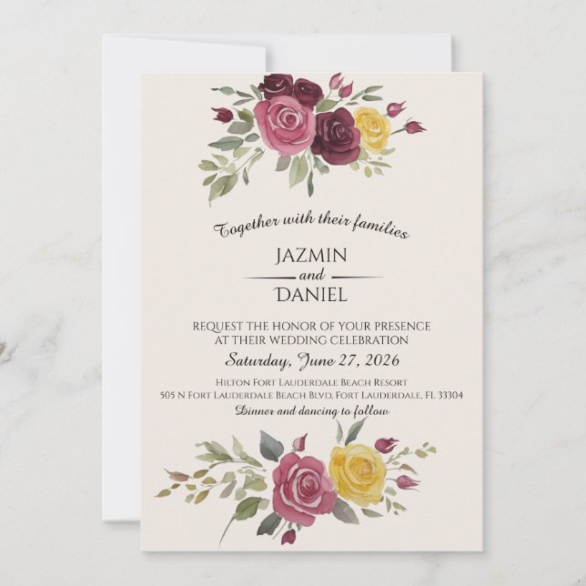  Watercolor  Dusty Country Burgundy Roses On Cream Invitation (Front)