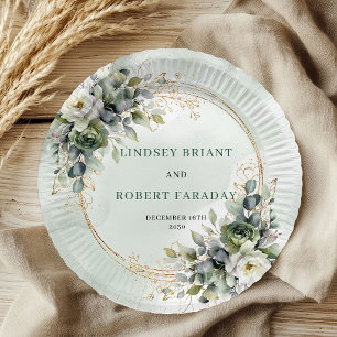  Watercolor Dusty Green Botanical Wedding Paper   Plate