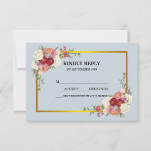 Watercolor Dusty Grey Gold Blush Peach Floral RSVP Card