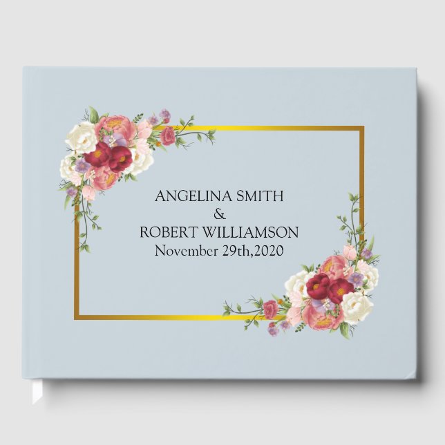 Watercolor Dusty Grey Gold Blush Peach Wedding Guest Book (Front)