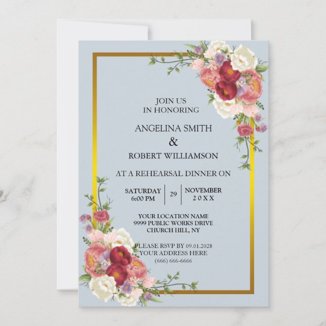 Watercolor Dusty Grey Gold Blush Peach Wedding Invitation (Front)