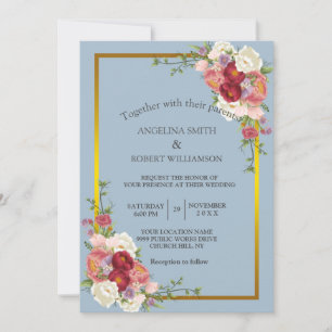 Watercolor Dusty Grey Gold Blush Pink Peach Floral Invitation