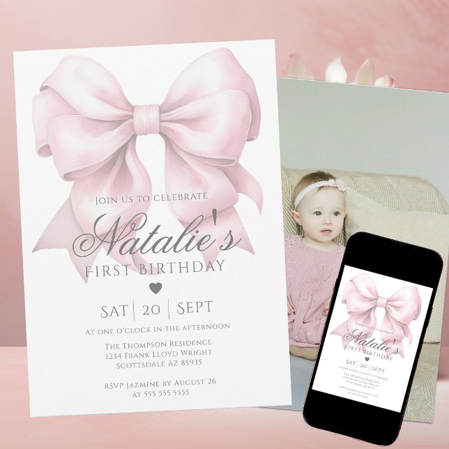 Watercolor Dusty Pink Bow Photo 1st Birthday Party Invitation (Creator Uploaded)