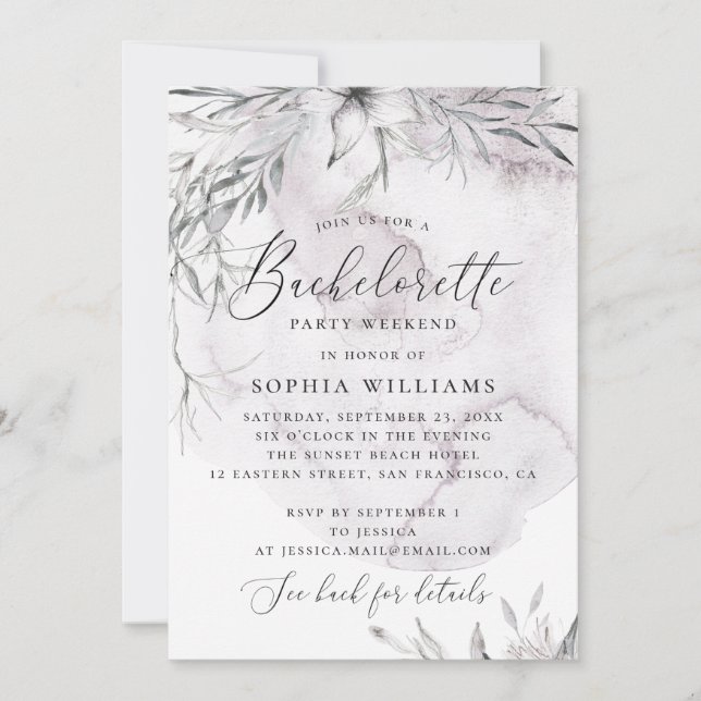 Watercolor dusty purple floral bachelorette party invitation (Front)