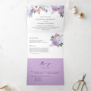 Watercolor Dusty Purple Flowers Botanical Wedding Tri-Fold Invitation