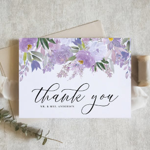 Watercolor Dusty Purple Flowers Garland Wedding Thank You Card