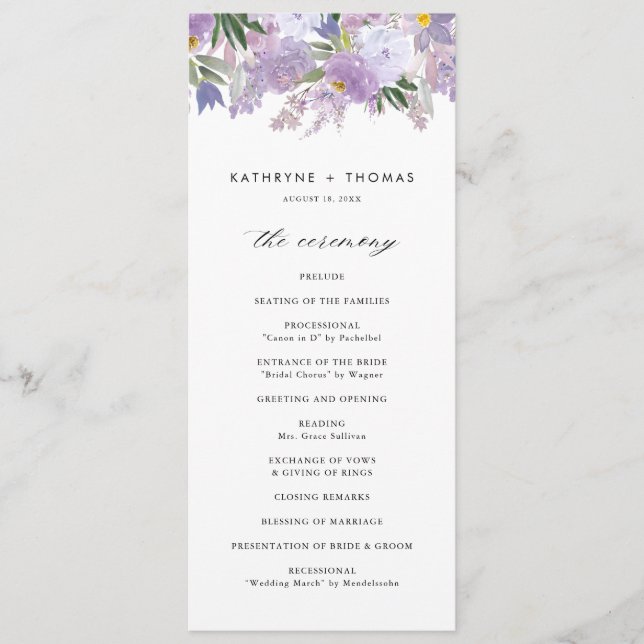 Watercolor Dusty Purple Flowers Wedding Ceremony Programme (Front)