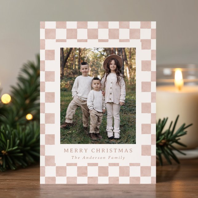 Watercolor Dusty Rose Gingham Christmas Photo Holiday Card (Creator Uploaded)