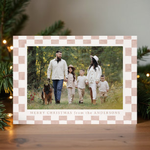Watercolor Dusty Rose Gingham Christmas Photo Holiday Card