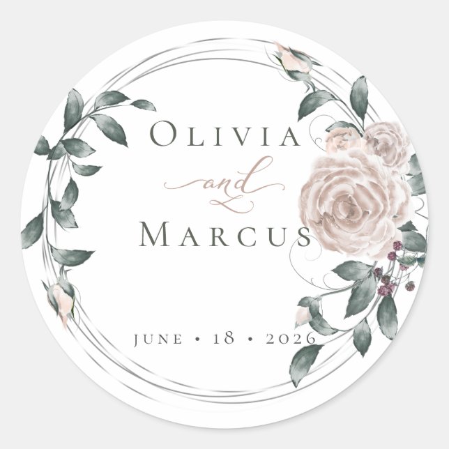 Watercolor Dusty Rose Silver Frame Classic Round Sticker (Front)