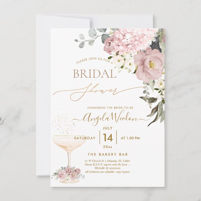 Watercolor Dusty Roses Hydrangea Bridal Shower Invitation (Front)