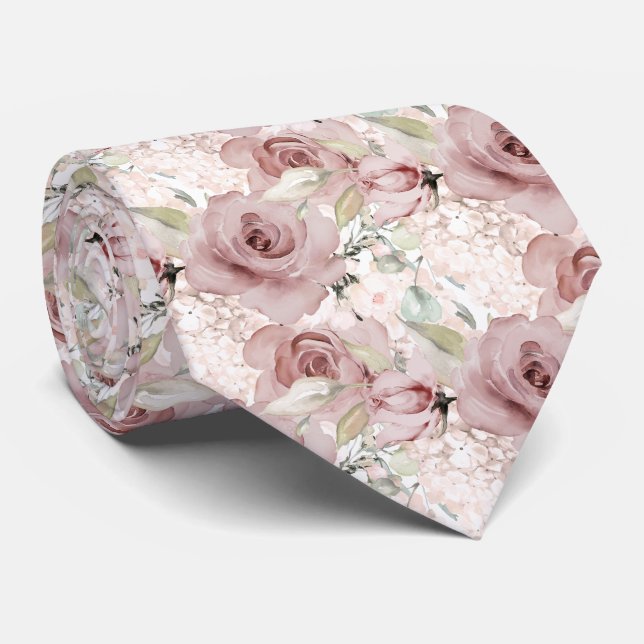 Watercolor Dusty Roses Hydrangeas DIY background Tie (Rolled)