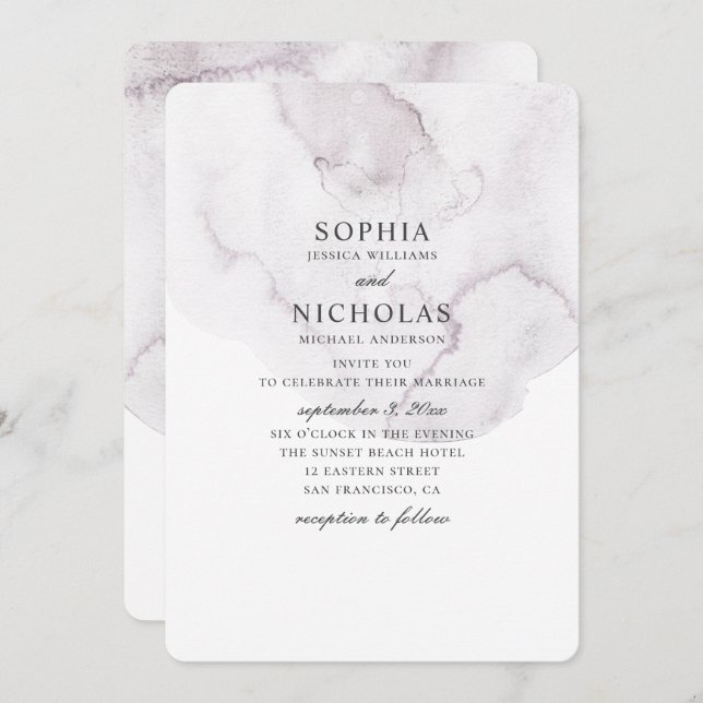 Watercolor dusty wedding. Elegant simple lavender Invitation (Front/Back)