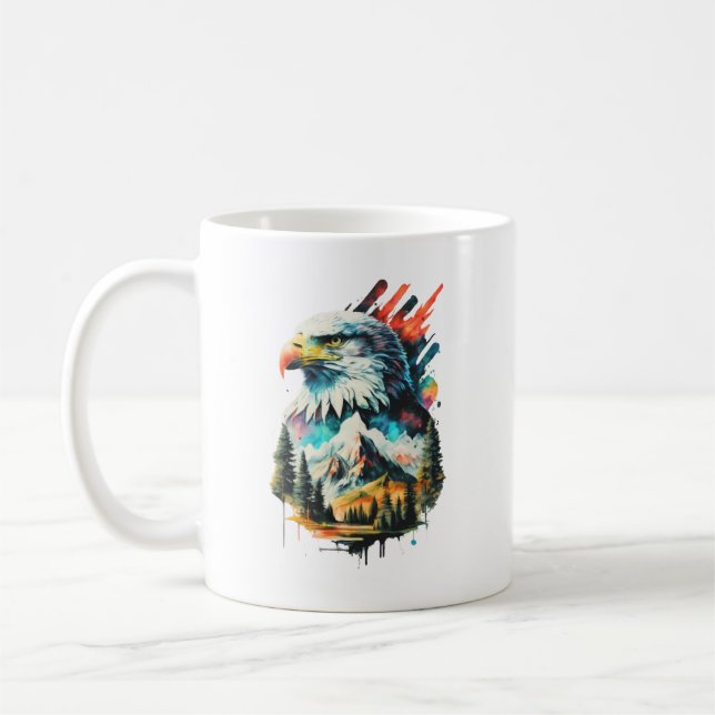 Watercolor Eagle & Mountain Landscape Art Coffee Mug (Left)