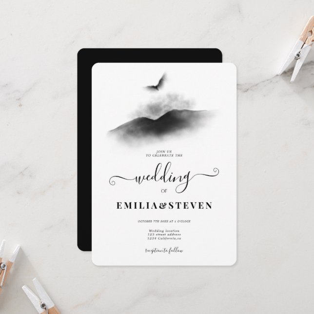 Watercolor Eagle Mountains Black White Wedding Invitation (Front/Back In Situ)