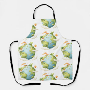 Watercolor Earth- Cartoon Earth with Nature Elemen Apron